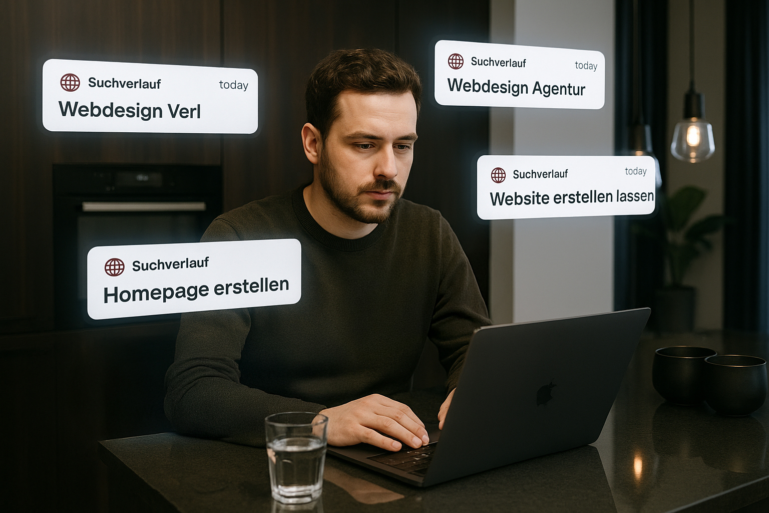 Mann am Laptop mit Suchverläufen zu Webdesign Themen